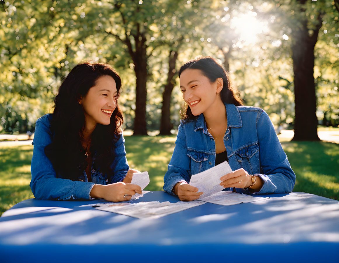 Two women chatting with papers at table in sunny park