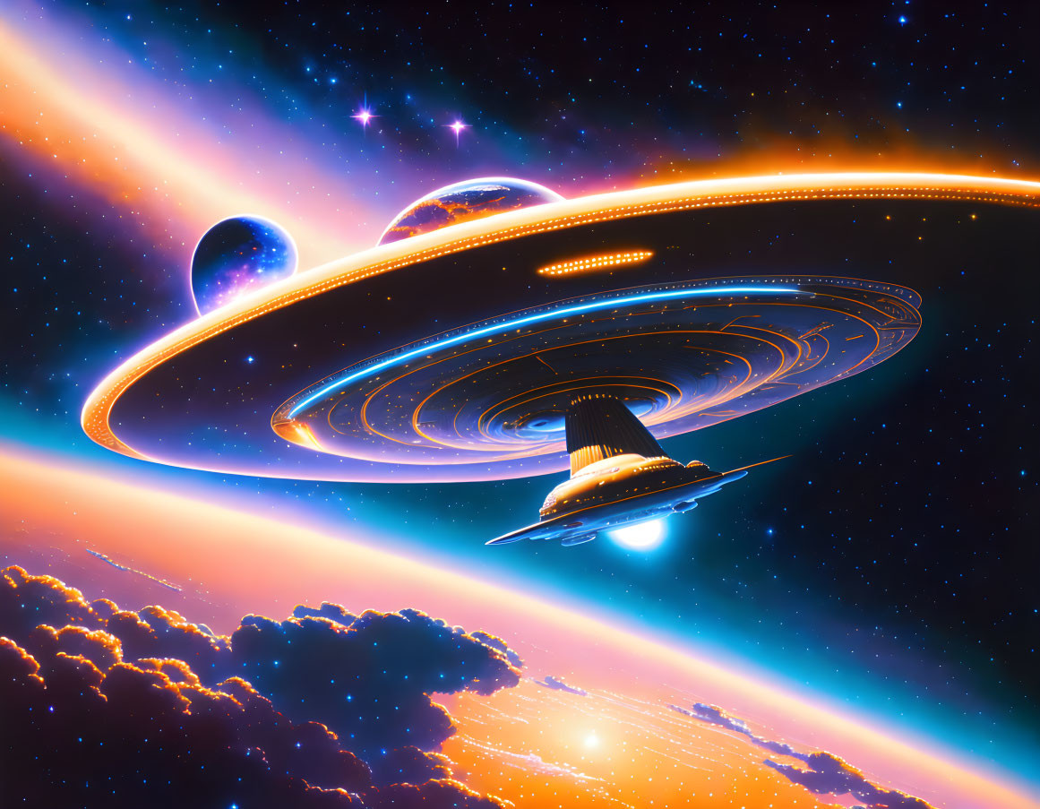 Detailed UFO digital artwork in colorful space setting