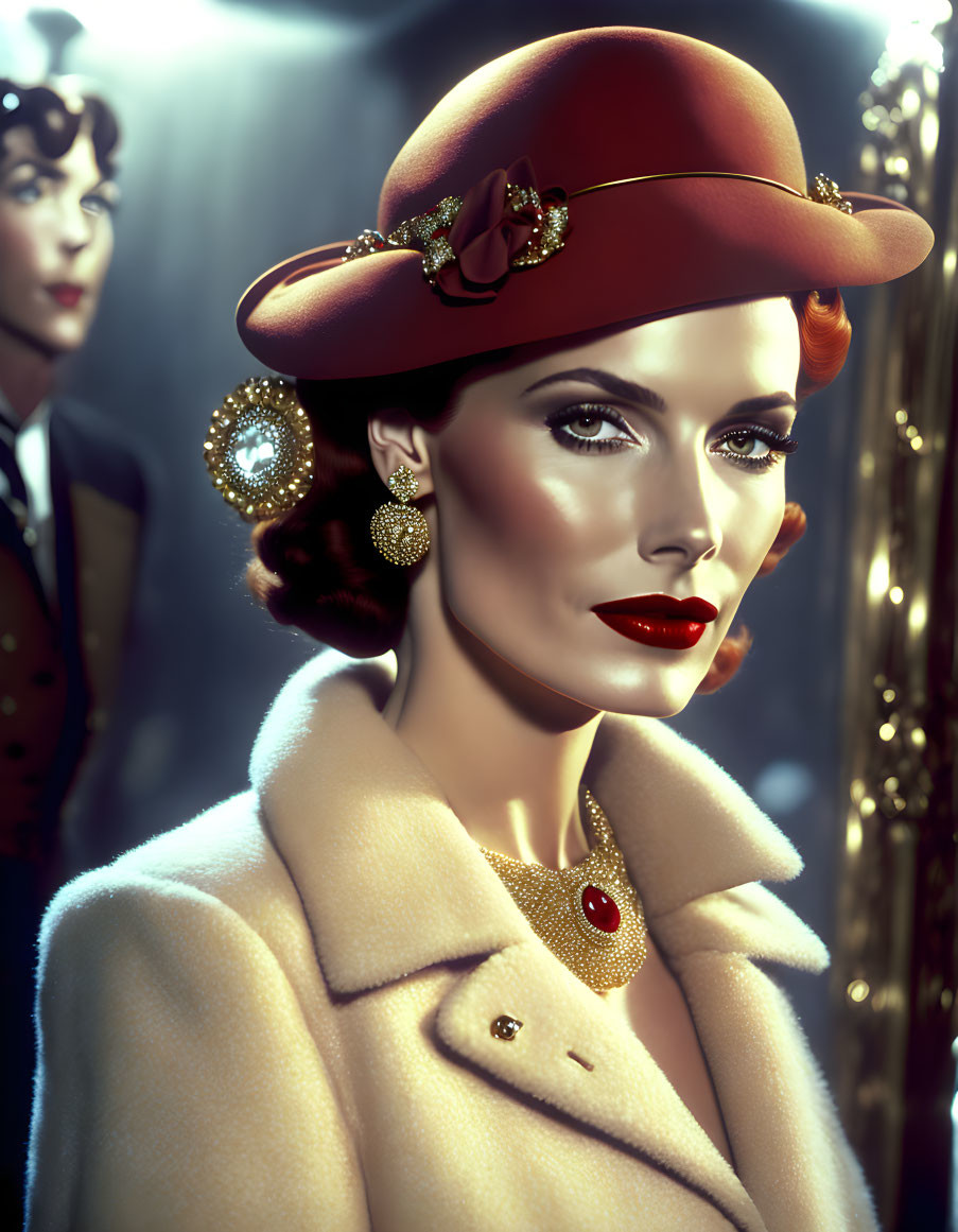 Vintage Portrait of Woman in Red Lipstick and Red Hat with Blurred Background