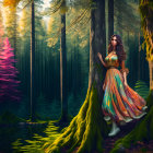 Colorful Woman in Mystic Forest with Vibrant Trees