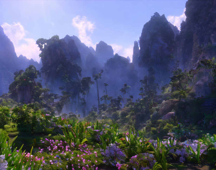 Vibrant flora in misty mountain landscape with sunlight piercing through.
