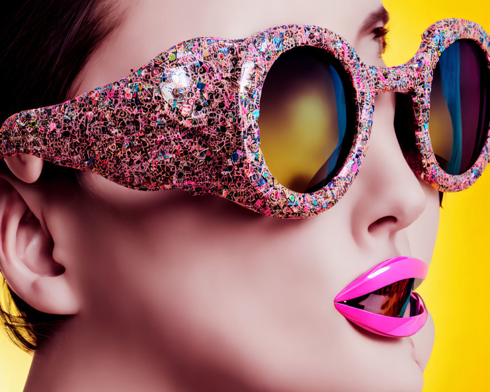 Vibrant pink sunglasses and hot pink lipstick on woman against yellow background