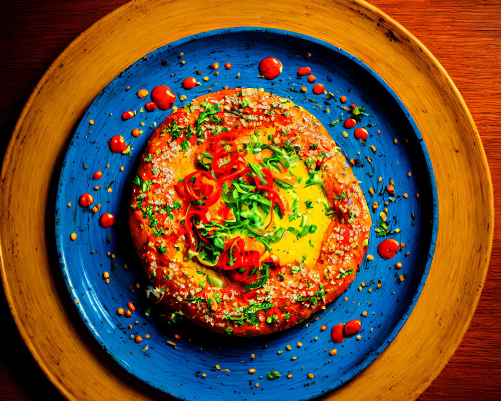 Colorful Creamy Dish with Herbs, Peppers, and Seeds on Blue Plate