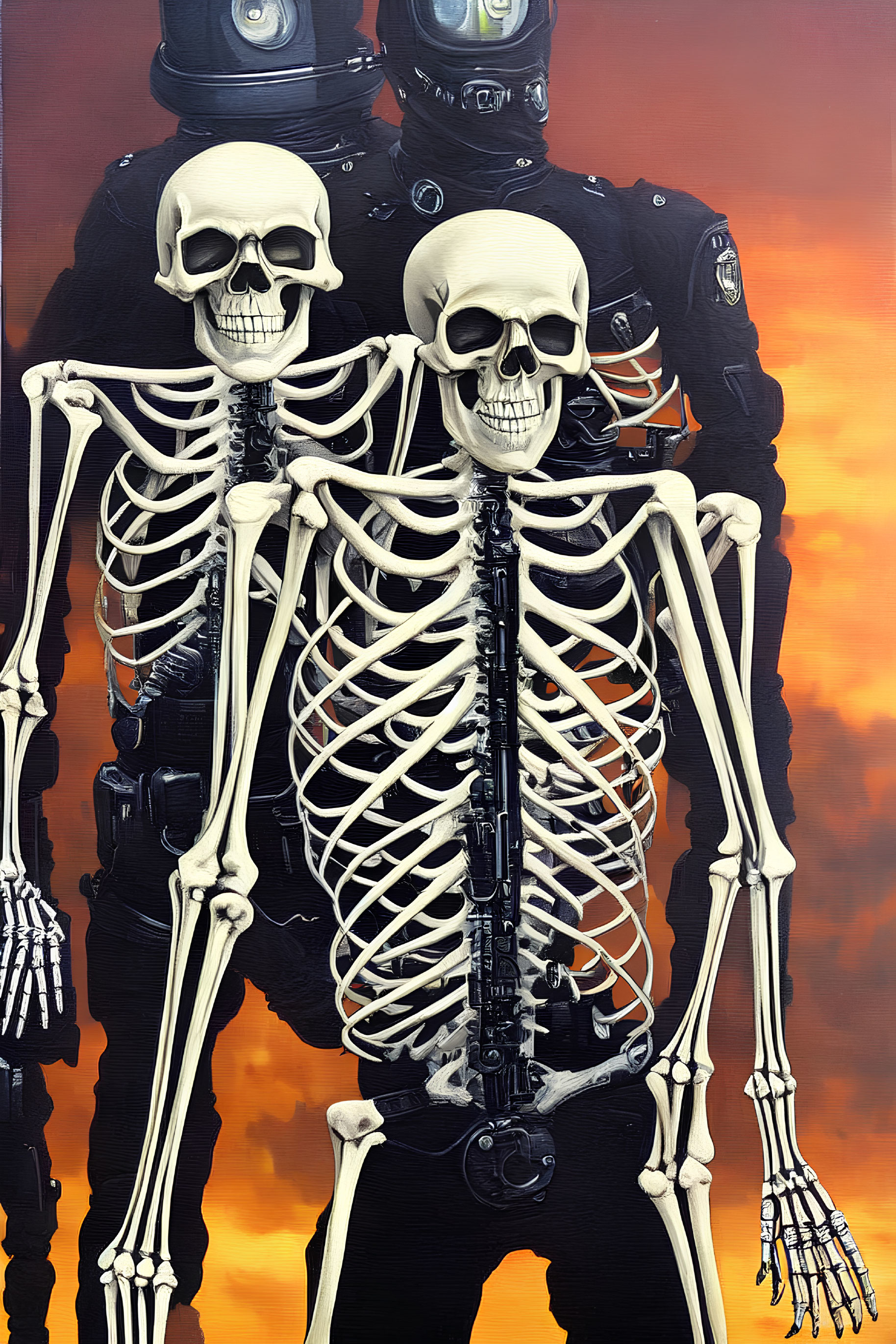 Skeleton Figures with Police Hats and Badges on Orange Red Gradient Background