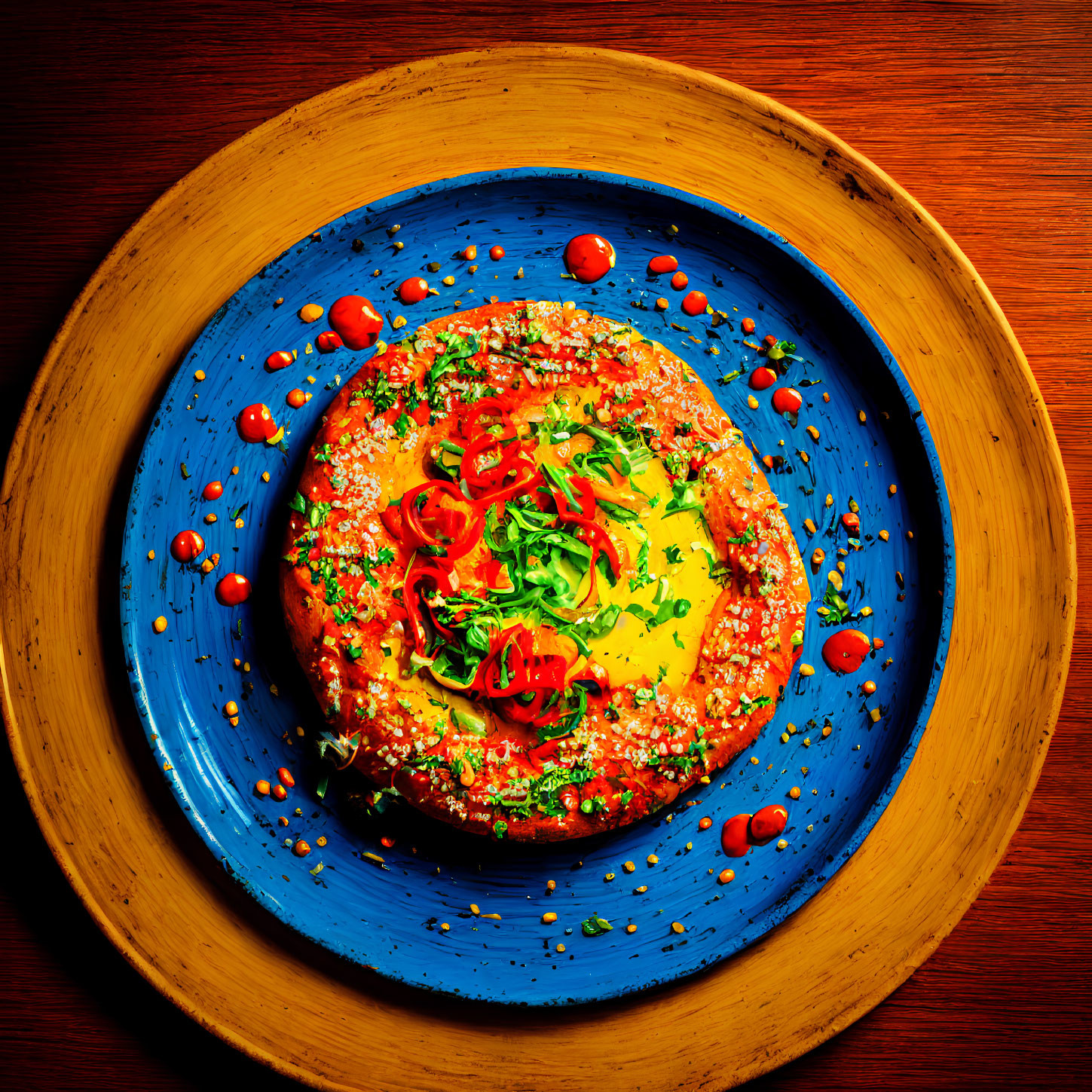 Colorful Creamy Dish with Herbs, Peppers, and Seeds on Blue Plate