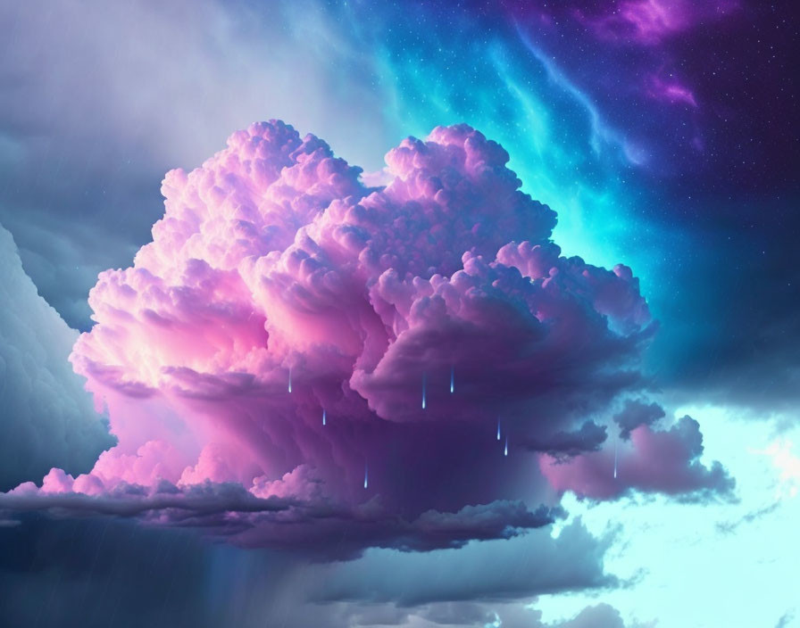 Vibrant surreal cumulus cloud with pink and purple hues in dramatic sky