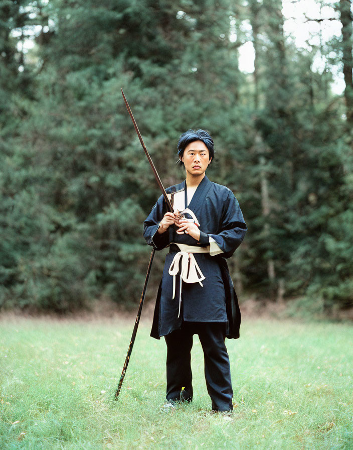 Traditional East Asian attire person with bow in grassy field