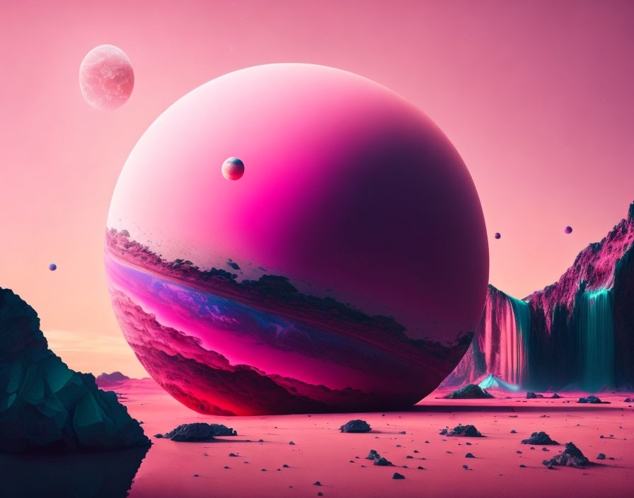 Pink-hued surreal landscape with spheres, waterfalls, and moon in dreamy sky
