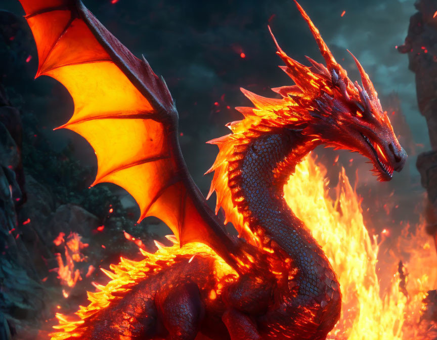 Fiery red and orange dragon with spread wings in flames and volcanic rocks