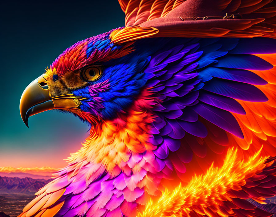 Colorful Eagle Artwork Against Dramatic Sunset Sky