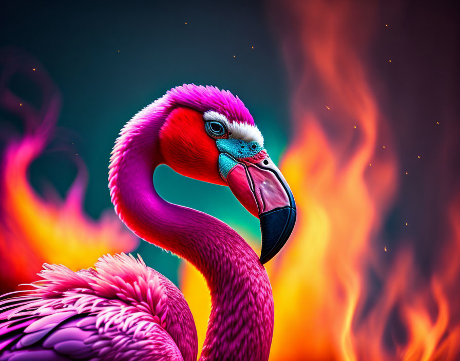 Colorful Digital Artwork: Pink Flamingo on Fiery Orange Background
