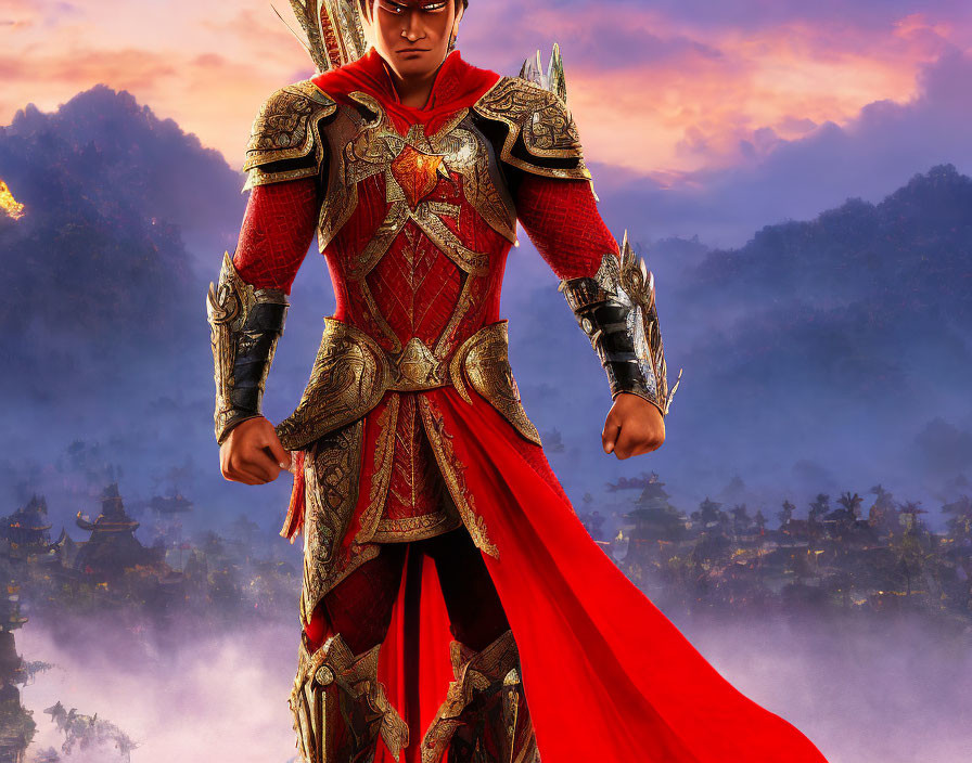 Fantasy warrior in red and gold armor against misty mountain backdrop