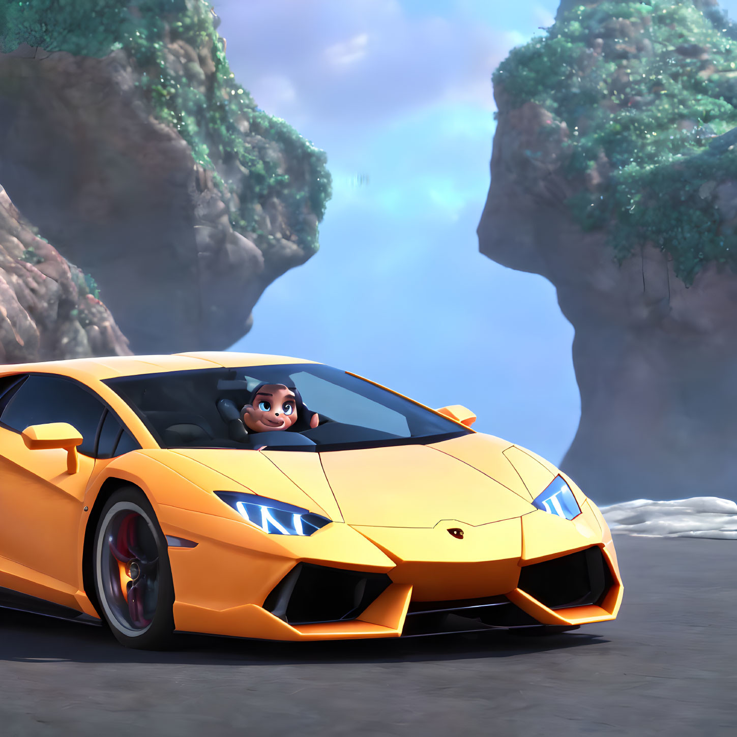 Dark-Haired Animated Character Driving Yellow Lamborghini on Coastal Road