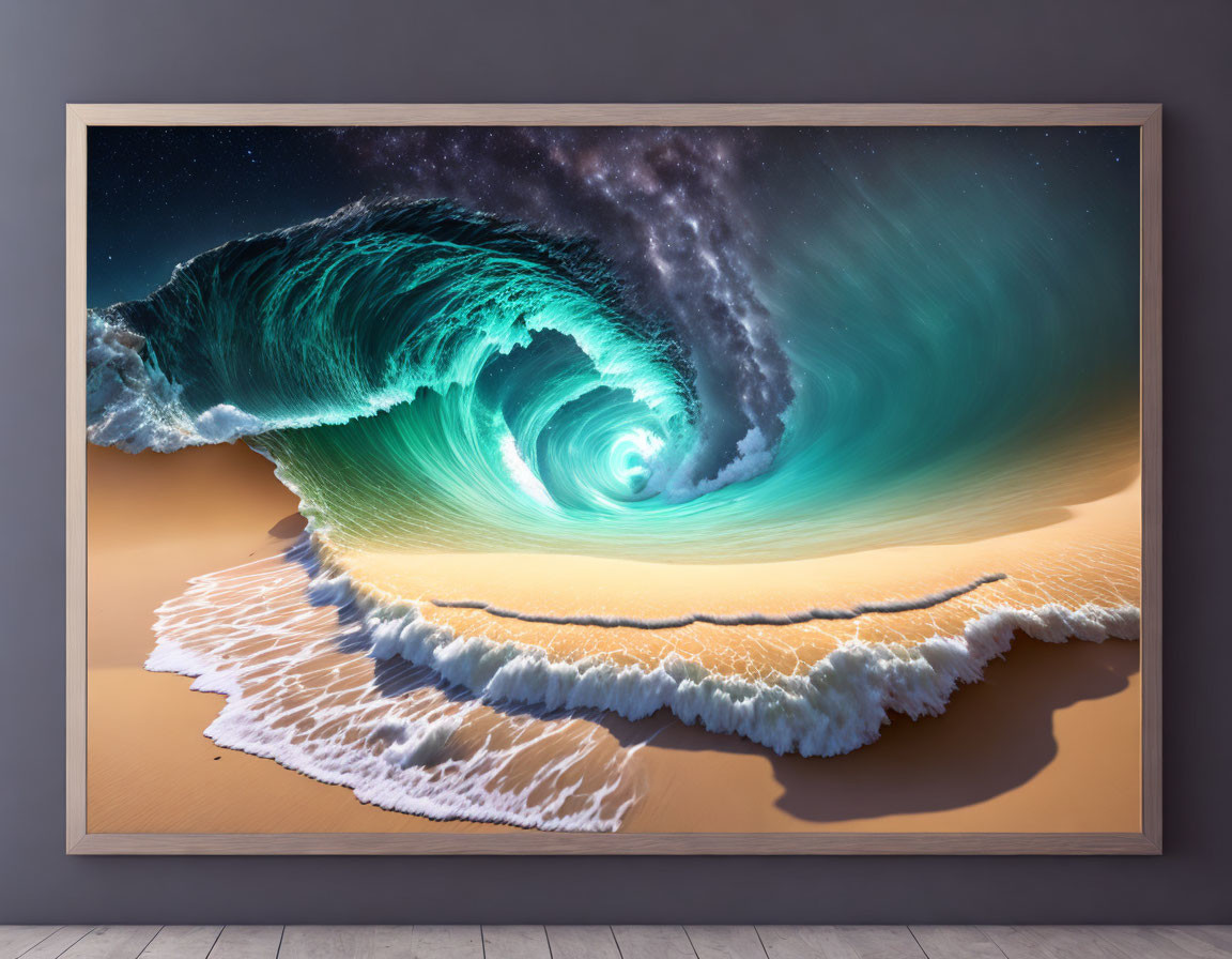 Framed surreal wave with starry night sky on beach