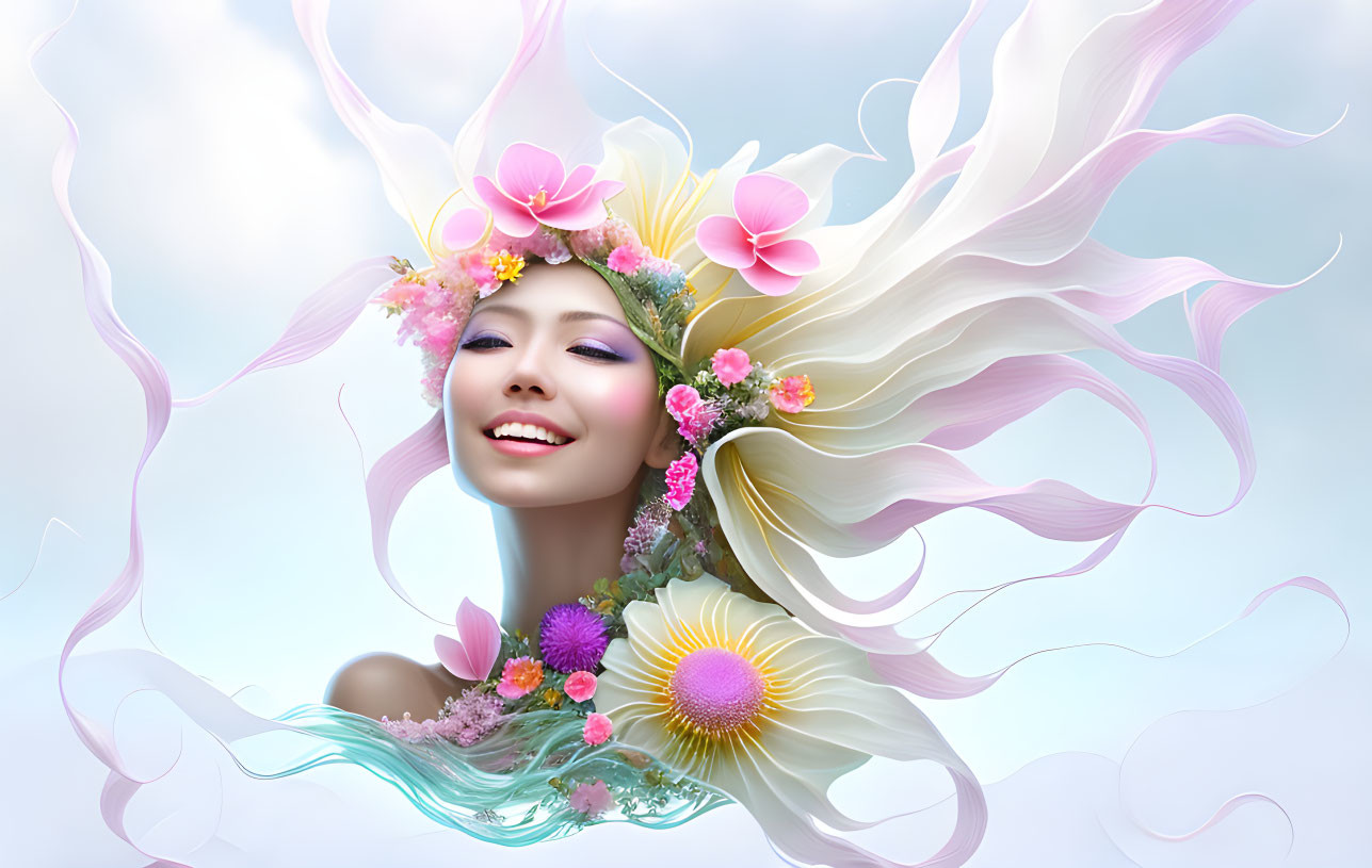 Surreal illustration: Smiling woman with white hair and flowers on blue background