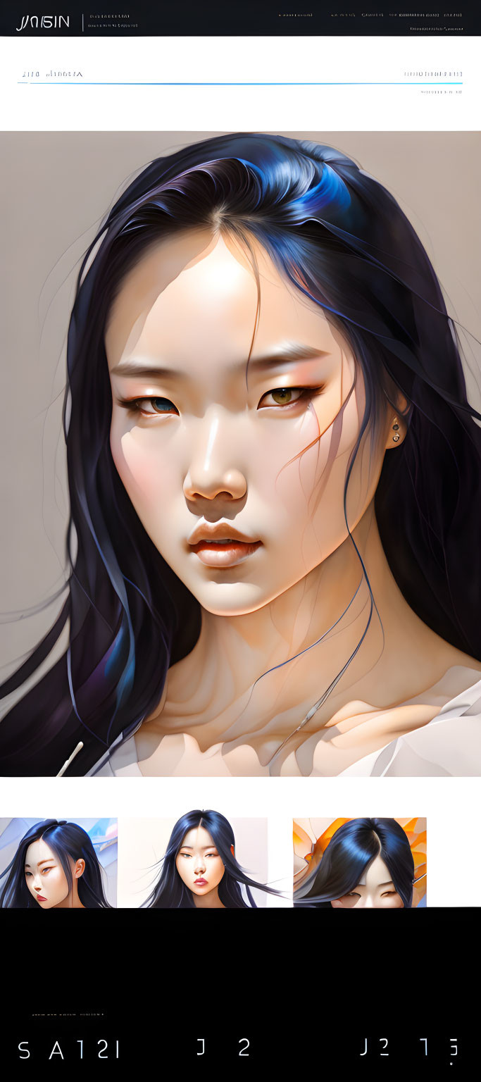 East Asian woman digital art: Striking features, long black hair with blue highlights