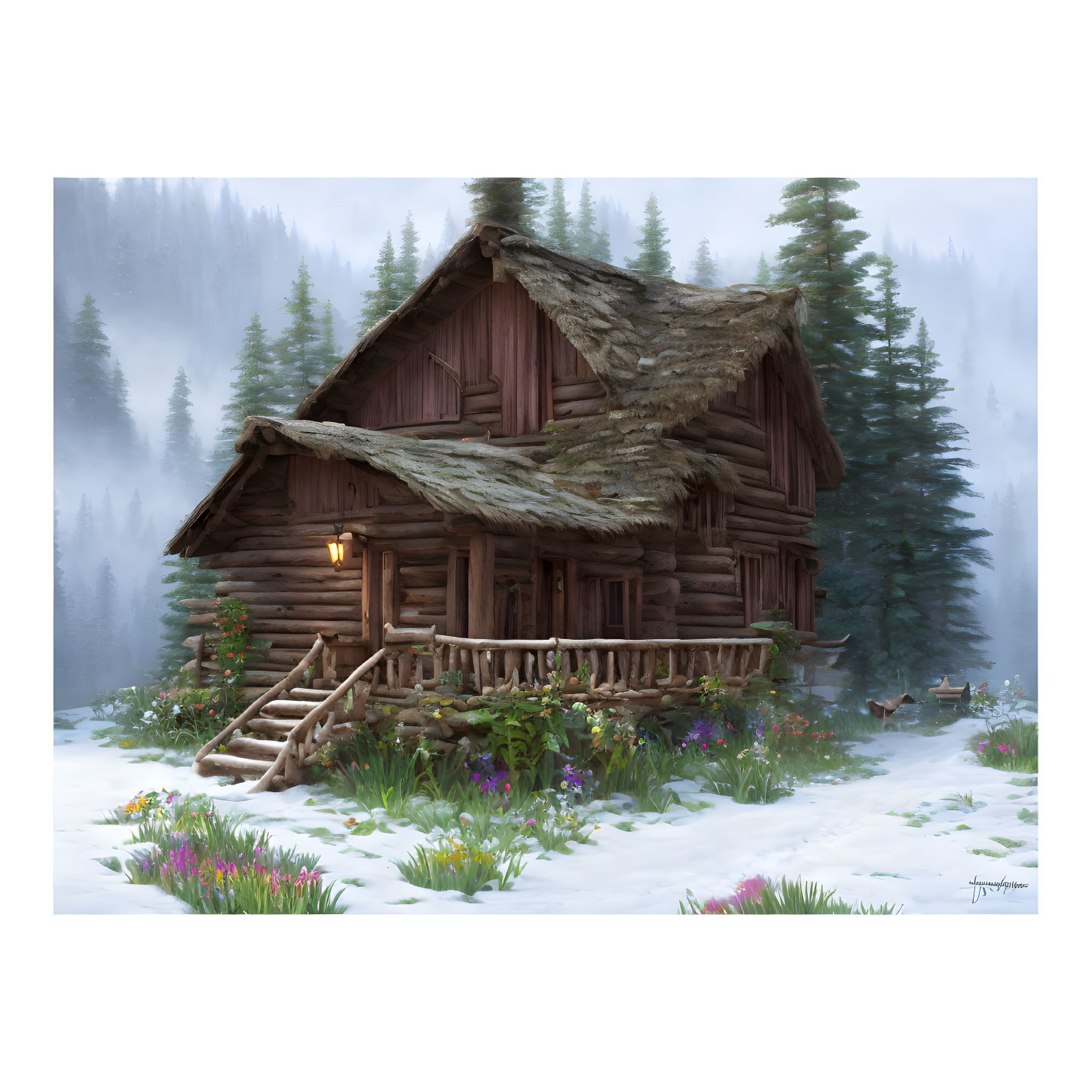 Snowy clearing with cozy wooden cabin and vibrant wildflowers