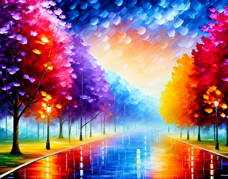 Colorful Painting of Wet Pathway with Trees and Lampposts Beneath Blue to Orange Sky