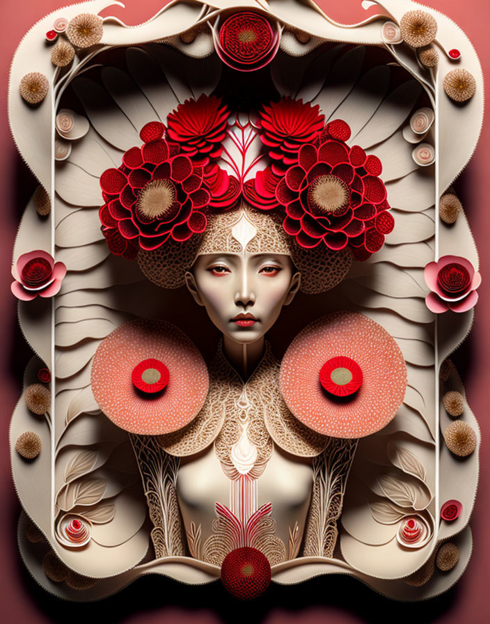 Elaborate red and cream floral digital portrait.