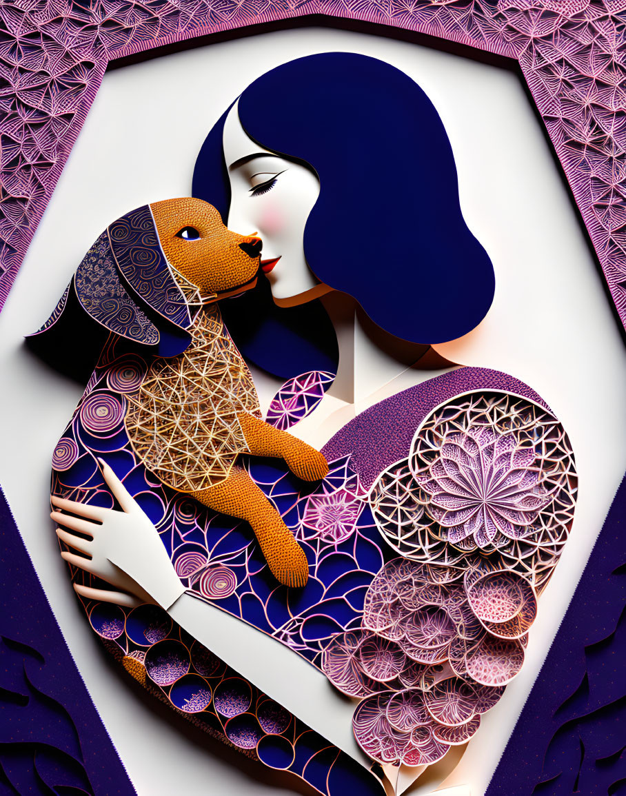 Colorful illustration of woman with blue hair hugging geometric dog on fractal backdrop