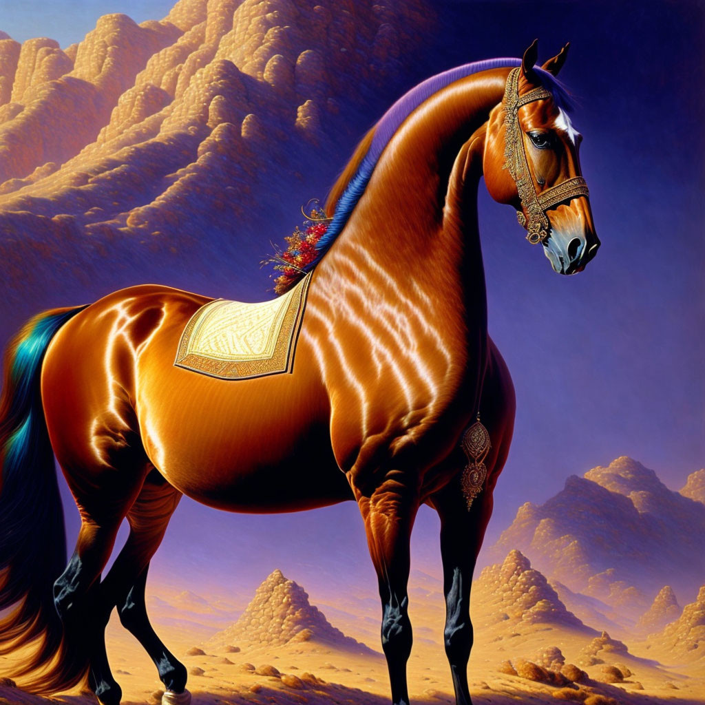 Majestic chestnut horse with ornate tack against desert mountains