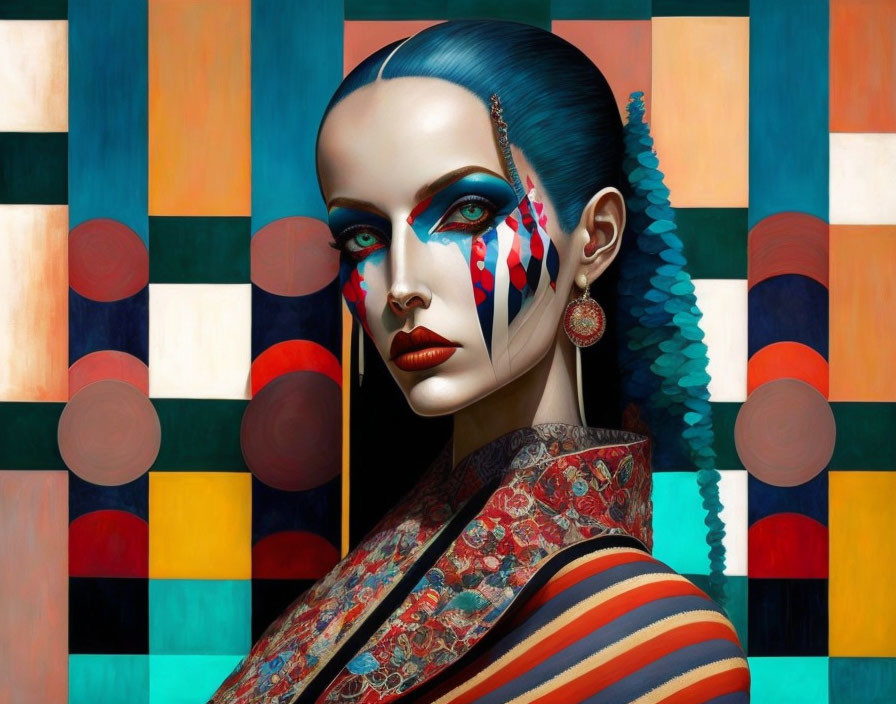 Colorful digital artwork of woman with blue hair and geometric makeup on abstract background.
