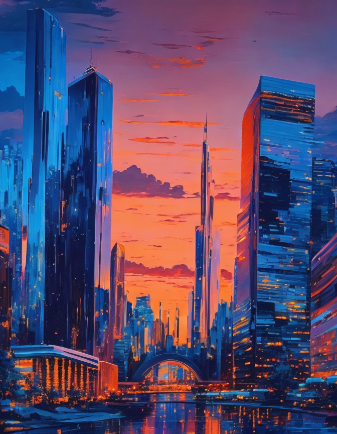 Futuristic cityscape at sunset with skyscrapers reflecting pink and blue hues