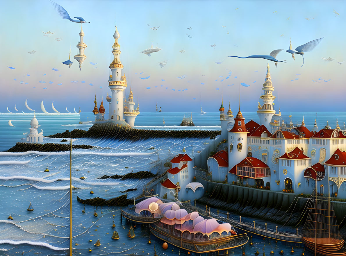 Fantasy seascape with castle, seagulls, sailboats, and floating palace
