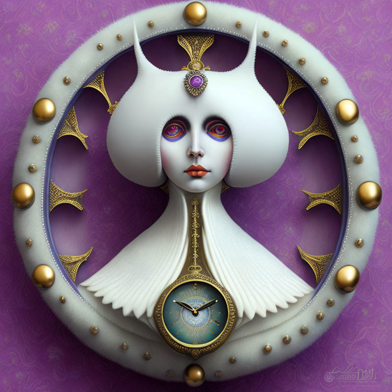 Whimsical female figure with clock torso in ornate halo on purple background