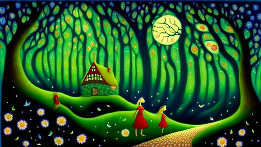 Night scene painting with full moon, figures in red cloaks, cozy house, and vibrant trees.