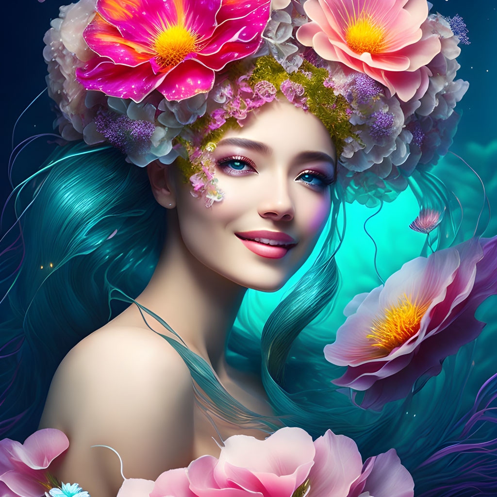 Vibrant Blue-Haired Woman with Pink Flowers in Fantasy Digital Art