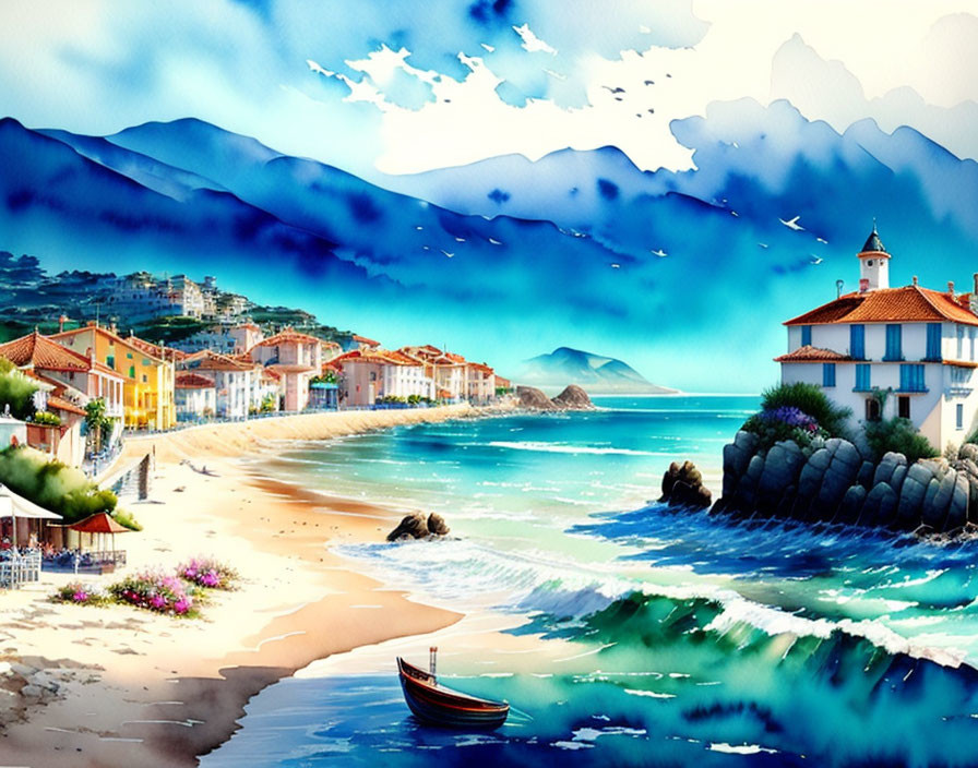 Colorful Coastal Village Painting with Mountains and Boat
