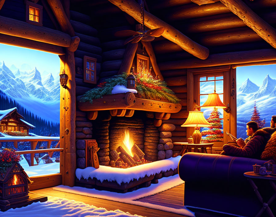 Rustic log cabin interior with fireplace and snowy mountain view