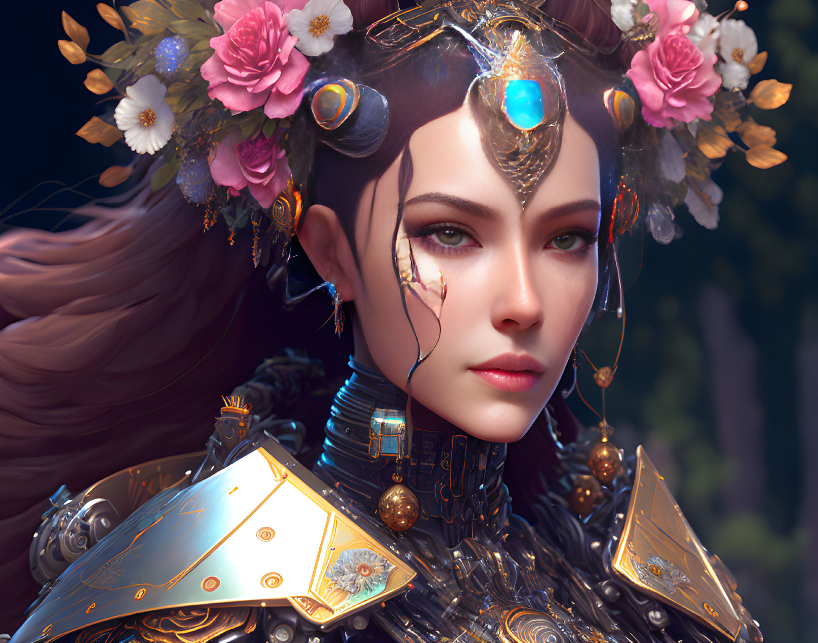 Digital artwork featuring woman in ornate armor with gold accents and gemstones