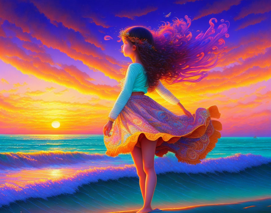 Young girl with flowing hair on beach at sunset with vibrant orange and purple sky