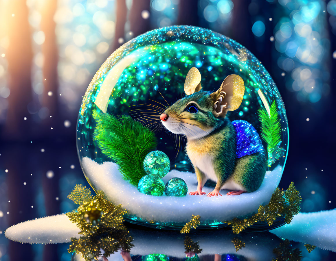 Snow Globe Mouse with Blue and Green Hues and Pine Branches