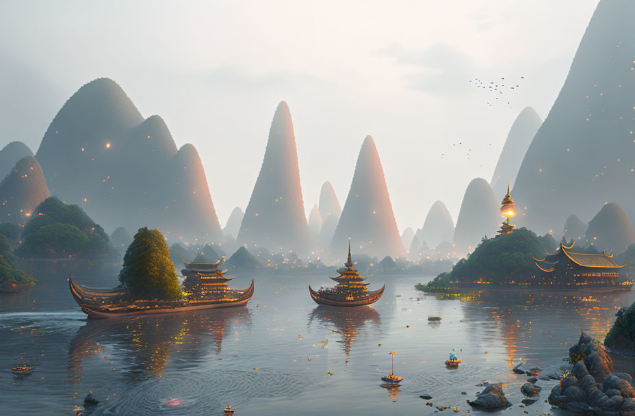 Traditional boats on serene river with mist-covered mountains and pagoda at dusk