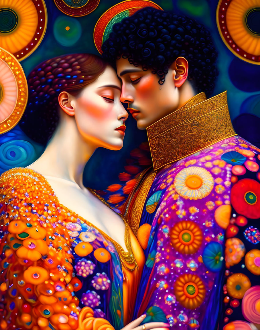 Colorful Artwork of Man and Woman in Elaborate Attire Touching Foreheads