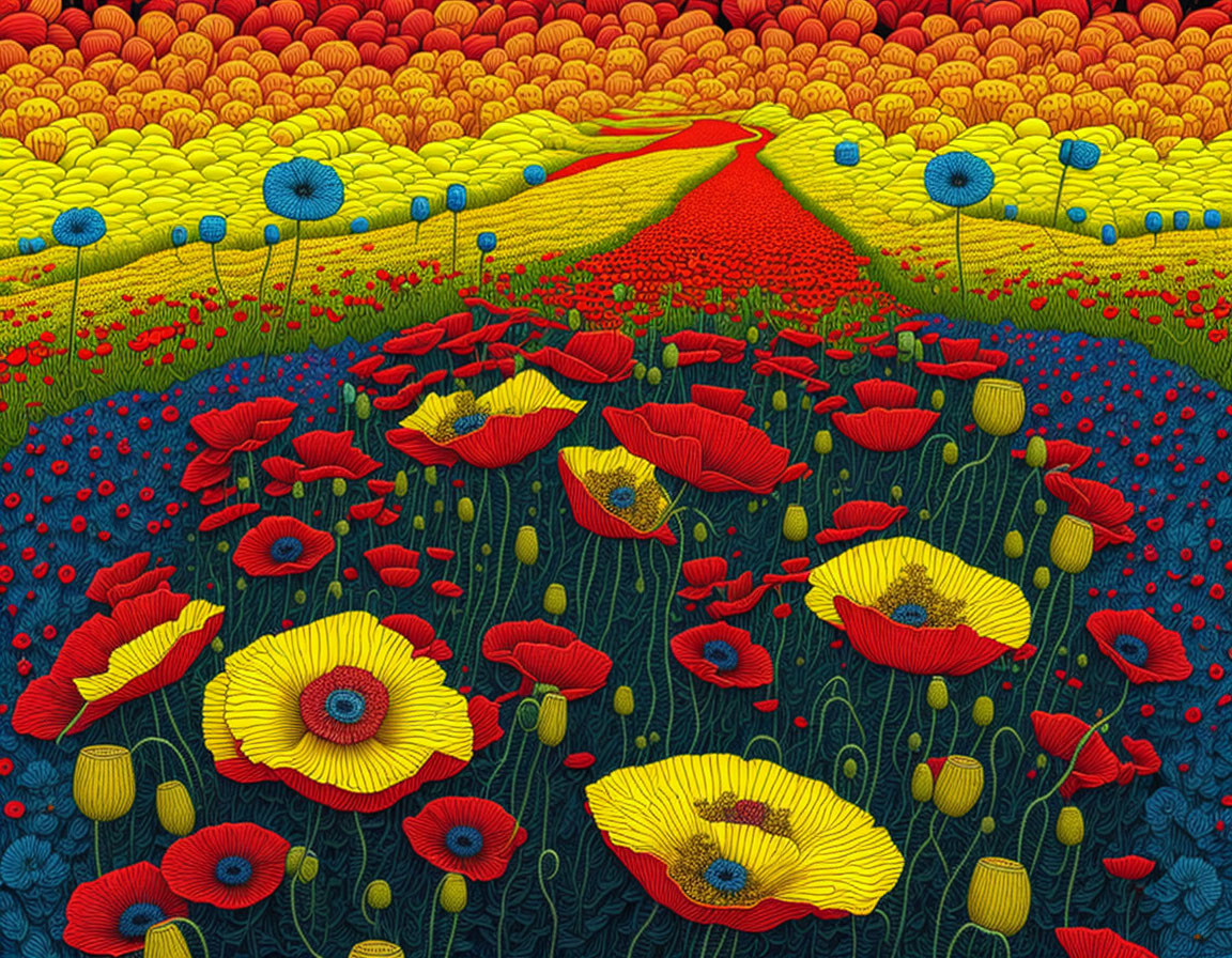 Colorful Field of Red and Yellow Flowers with Meandering Path in Hills