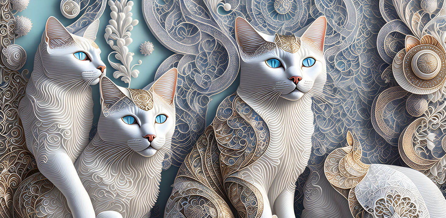 Stylized ornate cats with blue eyes on paisley floral background