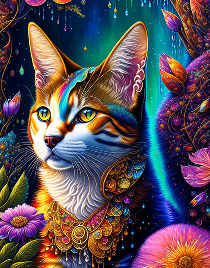 Colorful Cat Illustration with Floral and Starry Background