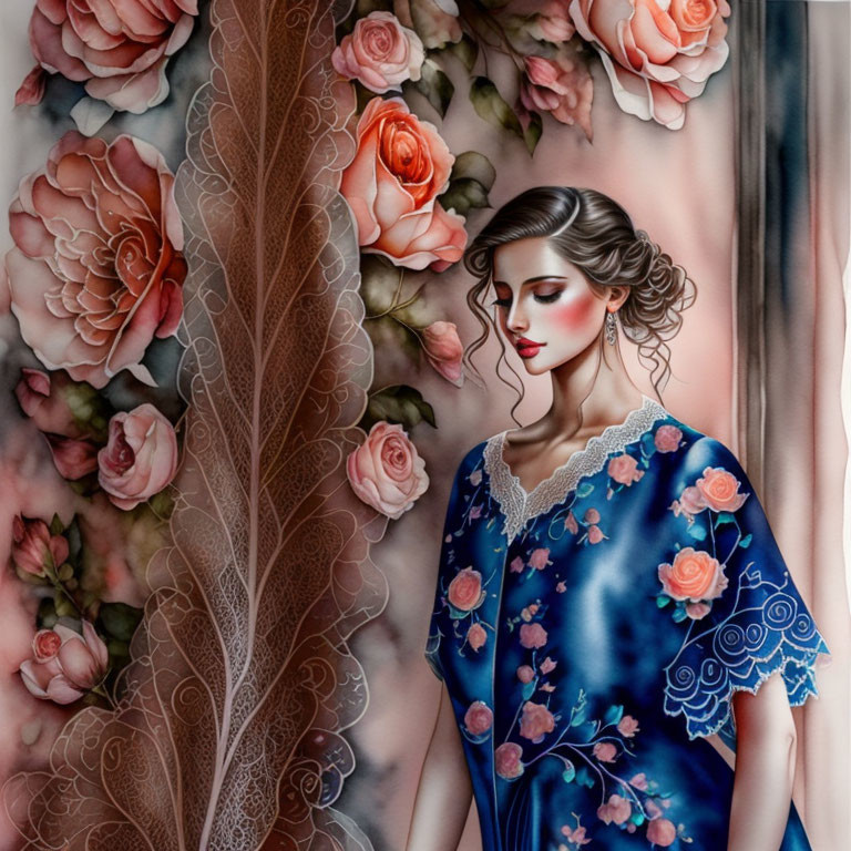 Woman with elegant hairstyle in blue floral dress amidst roses and lace curtains