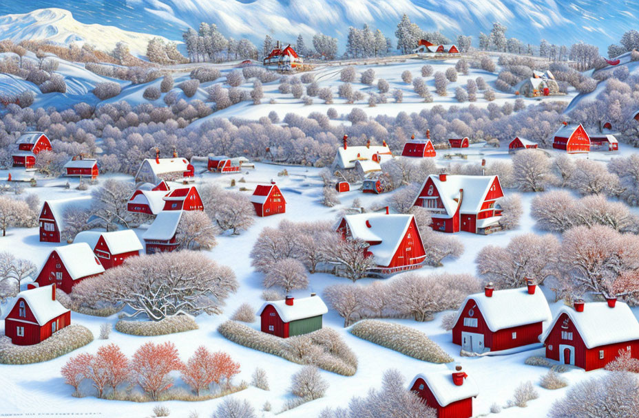 Snow-covered winter village with red-roofed houses and barren trees