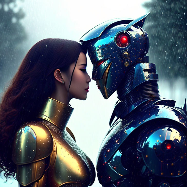 Woman in golden suit gazes at blue armored robot in rainy scene