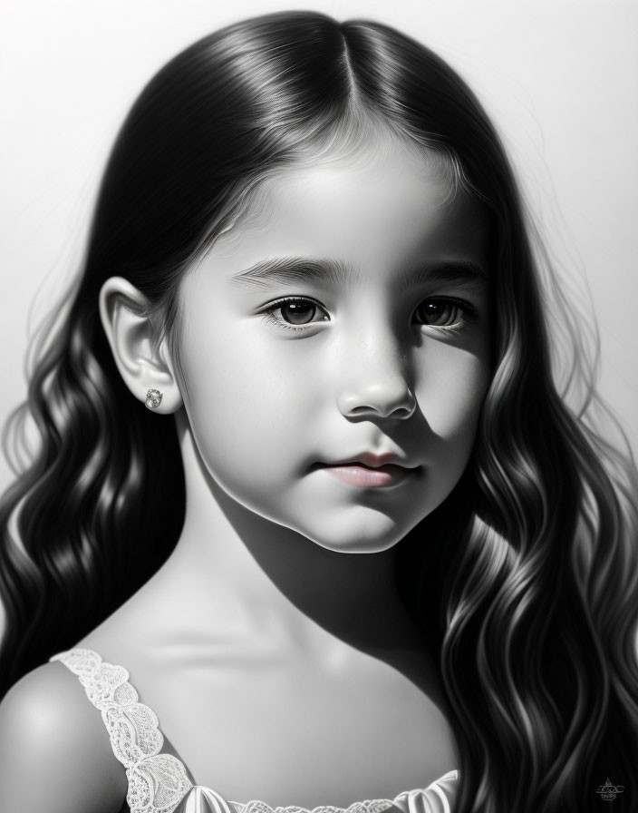 Monochromatic portrait of young girl with long, wavy hair and piercings in delicate lace
