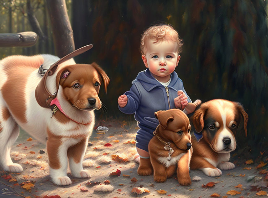 Toddler in Blue Outfit with Three Puppies in Forest Setting