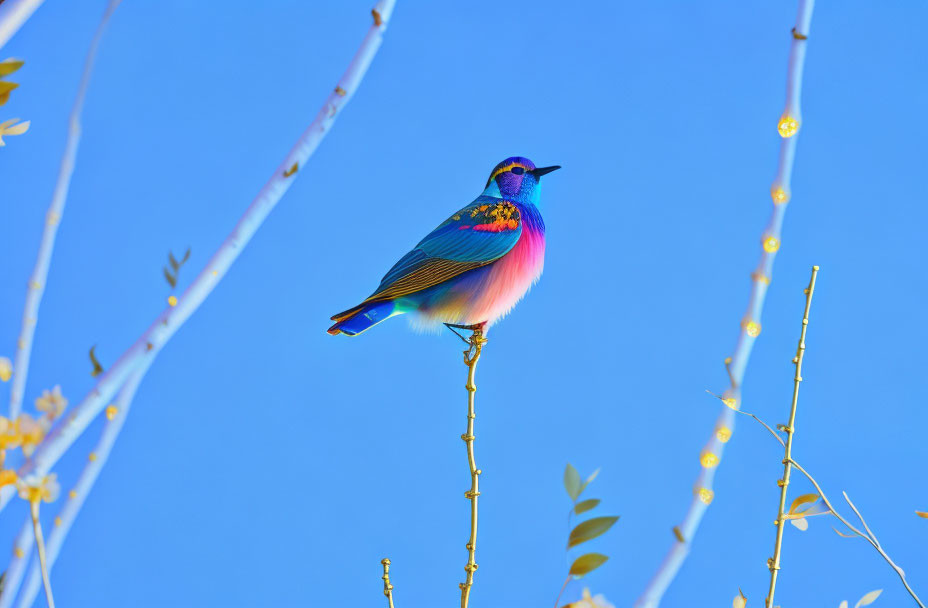 Colorful Bird Perched on Branch with Blue Sky and Blooms