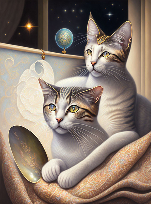 Stylized cats with intricate markings by window at night