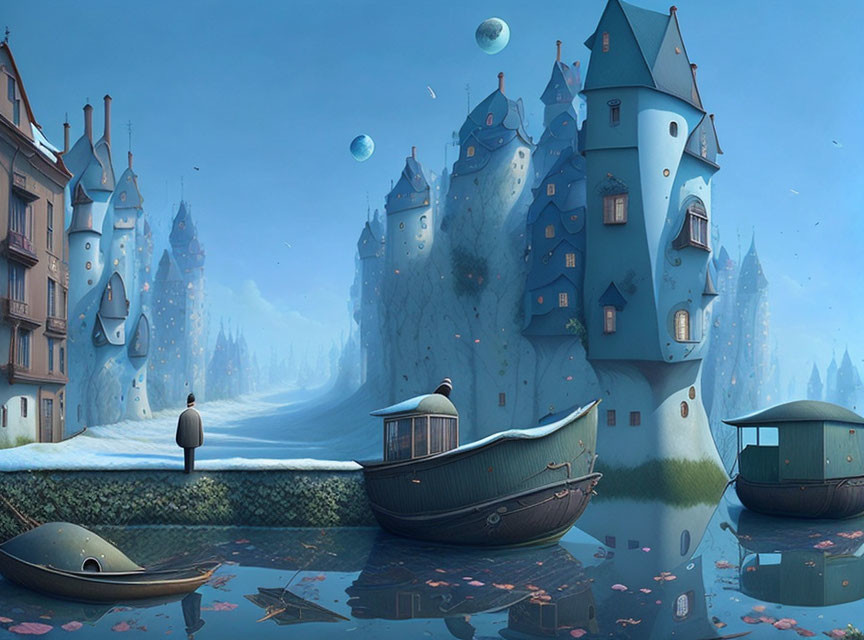 Fantastical artwork: boat-houses, cliff-top houses, lone figure, floating orbs
