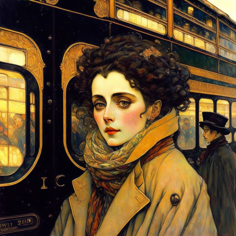 Stylized painting of a woman with expressive eyes and a scarf by a vintage tram.